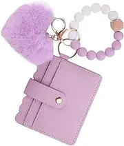 [Mxshc] Wristlet Bracelet Keychain - Plush Heart Slim RFID Credit Card Holder | Cute Fashion Key Ring with Wrist Wallet for Shopping