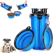 Portable Dog Water & Food Bottle for Travelling with 2 Collapsible Bowls, Outdoor Water Dispenser and Food Container, Light Weight Easy to Clean (Blue, One Size)