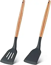 FS COOL 2 Pieces Set Silicone Slotted Turner Silicone Spatula with Wooden Handle, Kitchen Spatula Heat Resistant Non-Stick Cooking Utensils for Fish, Cookies, Eggs, Pancakes (Black)