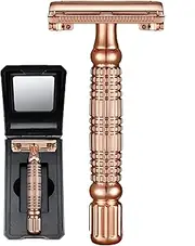 BAILI Butterfly Double Edge Safety Razor Rust-proof Reusable Manual Wet Shaving for Men Women with Mirrored Travel Case Rose Gold BD177C