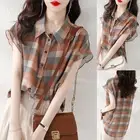 Fashionable Womens Short Sleeve Chiffon Top in Red Plaid for Summer Wear