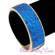 Retro Funky Beatnik Kitsch Bright Royal Blue & Gold Hinged Glitter Bangle Cuff
