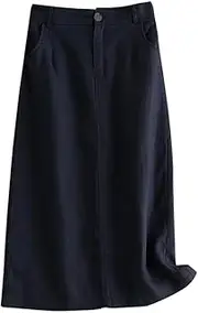 [IDEALSANXUN] Womens Cotton Linen Skirts Spring Summer A Line Midi Skirt with Pockets Beach Vacation Clothes