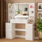 Dressing Table with Mirror and Dimmable LED Lights Bedroom Vanity Desk Cabinets