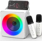 Ankuka Karaoke Machine with Two Wireless Microphones, Portable Karaoke Machine for Adults & Kids and Dynamic Lights, for Girls Boys Home Party (White)