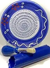 All-in-one 4pcs Premium Ceramic Garlic Grater Set - Handmade, Blue Stoneware Design Grater Plate_Garlic Peeler, Gathering Brush, Display Stand, It's Also Grating Turmeric, Ginger, and More.