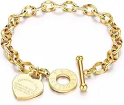 [Generic] Love - heart pendant bracelet, titanium - steel gold - plated links, with carved pendant