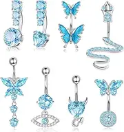 [Kakonia] 14G Belly Button Rings Dangle Cute Gold Plated Snake Evil Eye Heart Clear CZ Butterfly Belly Button Rings for Women Belly Piercing Pack