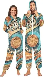 [AIXIWAWA] Adult Onesie Pajamas, Retro Mosaic Pattern Print Zip Front One Piece Pajama Jumpsuits for Men Women S