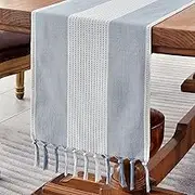 Wracra Cotton Linen Blue Table Runner 180cm Long with Hand-tassels, Macrame Table Runner for Holiday Parties and Everyday Use(Blue, 180cm)
