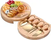 FwQoFvk Wood Cheese Board with Cheese Cutter and Fork, Sliding Drawer Design Charcuterie Board, Round Cheese Serving Tray, Smooth Cheese Plate Board, Cheese Serving Platter for Home (Gold)