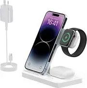 3 in 1 Wireless Charger Station Compatible with Apple Phones, iWatch, Airpods, 15W Portable Wireless Charger Stand with Adapter, White