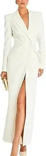 [Zadaos] Women Solid Long Blazer Notched Collar Long Sleeve Tunic Patchwork Double Breasted Suit Jacket