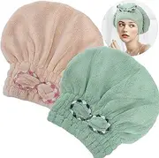 2Pcs Microfiber Hair Drying Cap,Hair Towel Cap,Fast Coral Velvet Hair Drying Towel with Bow-Knot,Quick Dry Fast Drying Hair Caps for Women,Soft Absorbent Cap for Wet Hair Long Thick Hair(Khaki+Green)