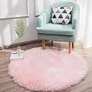 Soft Faux Sheepskin Fur Rug Fluffy Faux Fur Area Rug Round Floor Mat Luxury Carpet Chair Cover Seat Pad for Holiday Chistmas Tree Skirt Shaggy Rug Bedroom Sofa Living Room (90cm, Pink)