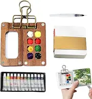 Tobios Watercolor Kit, Tobios Mini Watercolor Set, Portable Mini Travel Set with Wooden Palette, Clip Brush Pen & Sketchbook for Artists Beginners Enthusiast (Walnut-8 Grip)