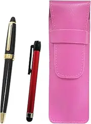 Pink Grain Leather Pen Case Metal Touch Stick Red and Neo D-600 Ballpoint Pen Set, Black SASP-ALR-600B-B