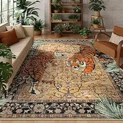 Moynesa Tiger 6x9 Rug, Washable Large Rugs for Living Room, Vintage Non Slip Boho Bedroom Area Rug, Ultra Thin Soft Indoor Floor Carpet for Dining Room Home Office, Camel