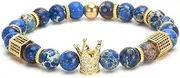 [SEVENSTONE] 8mm Crown King Charm Bracelet for Men Women Black Matte Onyx Stone Beads, 7.5"
