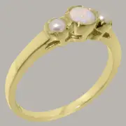 Solid 14k Yellow Gold Natural Opal & Cultured Pearl Womens Trilogy Ring