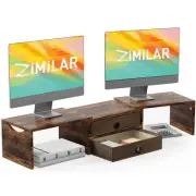 Dual Monitor Stand Riser with 2 Drawers, Adjustable Wooden Monitor Stand with...