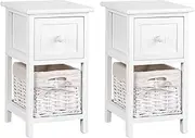 Artiss Bedside Table Set of 2 White Bed Baskets Side Tables Storage Small Narrow Desk Chest Drawers, with 1 Drawer + Shelf, Bedroom Home Furniture Tallboy Lamp Nightstand Cabinet in 45cm Height