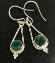 Emerald green quartz round drop earrings solid Sterling Silver. Treated. Box
