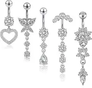 [JESMODA] 5pcs Belly Button Ring 14G 1.6MM Dangle Navel Belly Piercing Jewelry Cute CZ Heart Butterfly Flower Navel Belly Rings Silver Stainless Steel Belly Piercing for Women