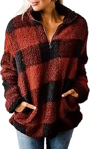 [ZESICA] Women's Plaid Long Sleeve Zipper Sherpa Fleece Sweatshirt Pullover Jacket Coat