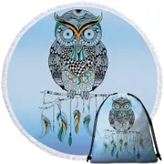 Light Blue Native Owl Round Beach Towel