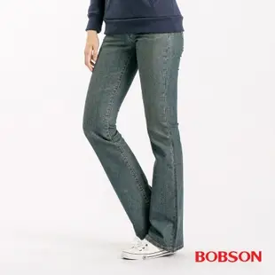 BOBSON 女款低腰伸縮小喇叭褲-中藍