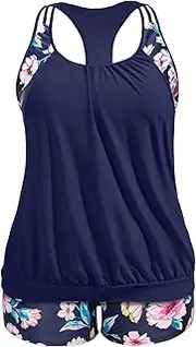 [Holipick] Plus Size Tankini Swimsuit for Women Two Piece Tummy Control Bathing Suit Blouson Racerback Tankini Top with Shorts, Navy Blue Flowers Print, 24 Plus