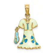 14k Yellow Gold 3-D Moveable Enamel Mint Floral Dress w/ Flip-Flop Charm