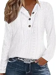 [Flamingals] Women's Fall Shirt Drawstring Hoodie Long Sleeve Eyelet Embroidery Button Front Hoodies Tops