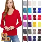 Ladies Long Sleeve T-Shirt V Neck Top Stretchy Plain Jersey Casual Basic Tee Top