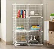 [AUKO] DIY Metal Wire Storage Cubes Grid Organizer Modular Wire Shelving Units, Stackable Bookcase, DIY Closet Cabinet Organizer for Home, Office, Kids Room (White Metal 6 Cubes)