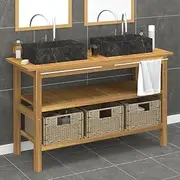 Bathroom Vanity Cabinet with Black Marble Sinks Solid Wood Teak,Stylish and Durable Teak Wood Bathroom Vanity Cabinet with 2 Marble Sinks and 3 Storage Baskets Vanity Suites