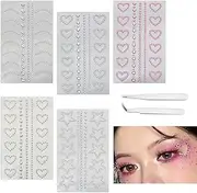 Jrusmr 5 Sheets Self-Adhesive Face Gems for Makeup 3D Heart, Star, and Moon Rhinestone Stickers Crystal Pearls for Face, Eye, Nail, and Body Perfect for Festivals and Crafts Includes 2 Tweezers