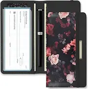 [Kakurookie] Printed Checkbook Cover, RFID Blocking Checkbook, Stylish, Lightweight, Slim Durable, Multi-Functional Checkbook Holder for Personal and Business Checks, Rose, Floral