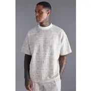 Mens Neutral Oversized Ex Neck Jacquard Aztec T-shirt