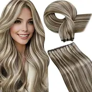 LaaVoo 18" Highlight Flip on Human Hair Extensions No Gule No Clips Adjustable Wire Piano Ash Brown Mixed Blonde Halo Human Hair Extension 11" Width 80g