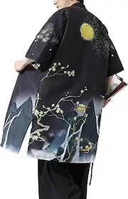 [PRIJOUHE] Men's Kimono Robe Lightweight Japanese Bathrobe Open Front Casual Long Cardigan Yukata Jacket