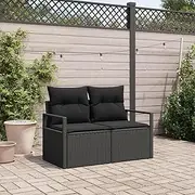 2-Seater Garden Sofa with Cushions, Black Poly Rattan Outdoor Couch for Balcony, Lounge Furniture and Sofa Bed, Comfortable Seating and Cushions