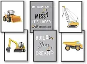 Set of 6 Pictures Construction Vehicles Digger Crane Children's Room Decoration Picture Boy Baby Room Poster DIN A3 XXL Truck Construction Site Stacker Roller Car Vehicles Decoration (without