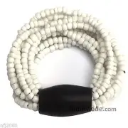 Shiny White Glass Bead 11-Strand Elastic String Bracelet w/ Dense Wood Oval Bead