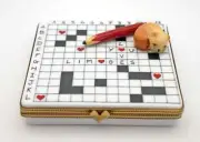 New French Limoges Trinket Box Kitty Cat on Crossword Puzzle I Love You Limoges