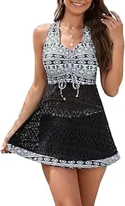 [JadeRich] Women's 2-Pieces Swimdress with Shorts Lace Crochet Tankini Swimsuit Modest Bathing Suit
