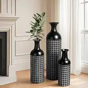 Tall Floor Vase Set of 3, Large Black Metal Vase with Minimalist White Lines & Detachable Vases Mouth, Big Modern Decorative Vases for Living Room,Hallway,Dining Rooms,Office,Kitchen.
