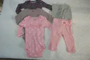 Baby Girls 5 PC LOT Pink Gray Navy L/S BODYSUIT SHIRTS Pants FLOWERS Dots 0-3 MO