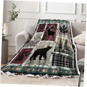 Cabin Throw Blanket, Geometric Lodge Woodland Moose Bear Patchwork 50X60 Teal